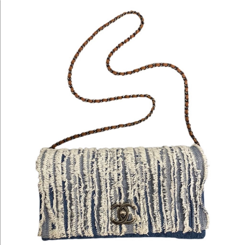 CHANEL CC DOUBLE FLAP CHAIN BAG FRINGE DENIM
